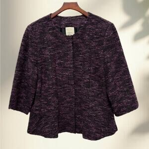 VTG Nordstrom Boucle Lined Jacket 3/4 Sleeve Snap Close 14W Purple Black